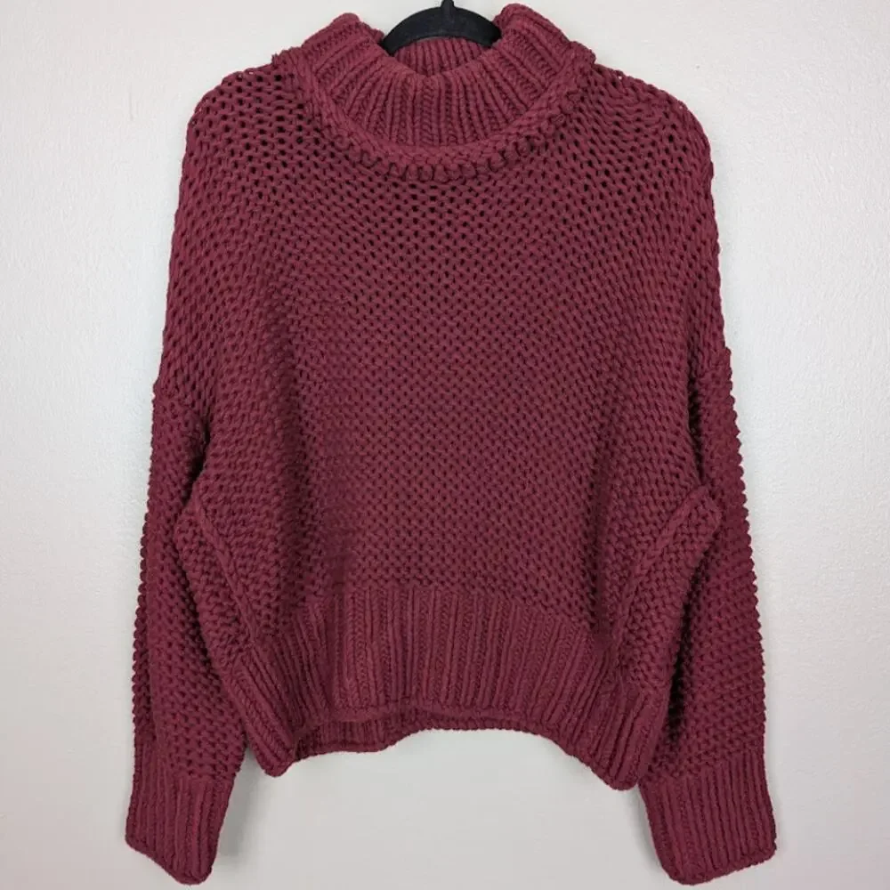 FREE PEOPLE | My Only Sunshine Burgundy Lose Knit Slouchy Sweater Mock Neck